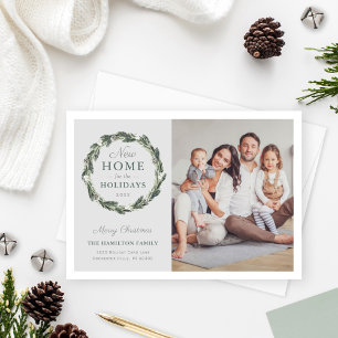 Tarjeta Festiva Nuevo hogar elegante Neutral Gris Verde Wreath Fot