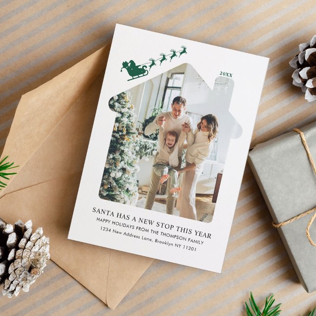 Tarjeta Festiva Nuevo hogar mínimo Foto Verde Santa Sleigh Moviénd (Subido por el creador)