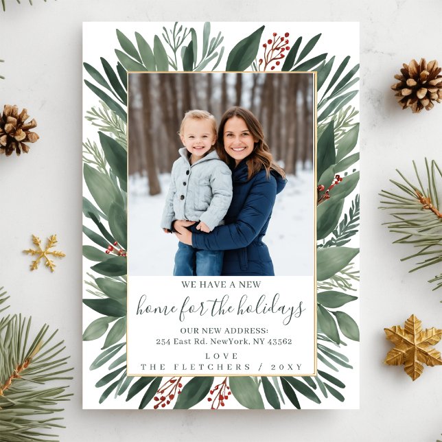 Tarjeta Festiva Nuevo hogar para familias en invierno para movimie (Winter Foliage New Home for Holidays Photo Moving Holiday Card)