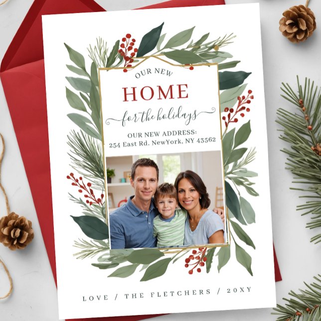 Tarjeta Festiva Nuevo hogar para familias en invierno para movimie (Winter Foliage New Home for Holidays Photo Moving Holiday Card)