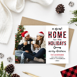 Tarjeta Festiva Nuevo hogar para la foto de Red Buffalo Plaid de F