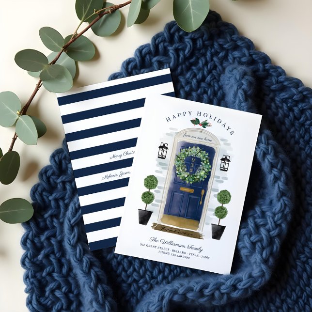Tarjeta Festiva Nuevo hogar para la puerta acuarela de la Marina d (New Home For the Holidays Navy Watercolor Door Holiday Card)