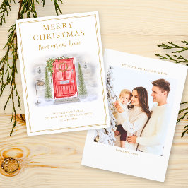 Tarjeta Festiva Nuevo Hogar Para las Vacaciones Puerta de Acuarela