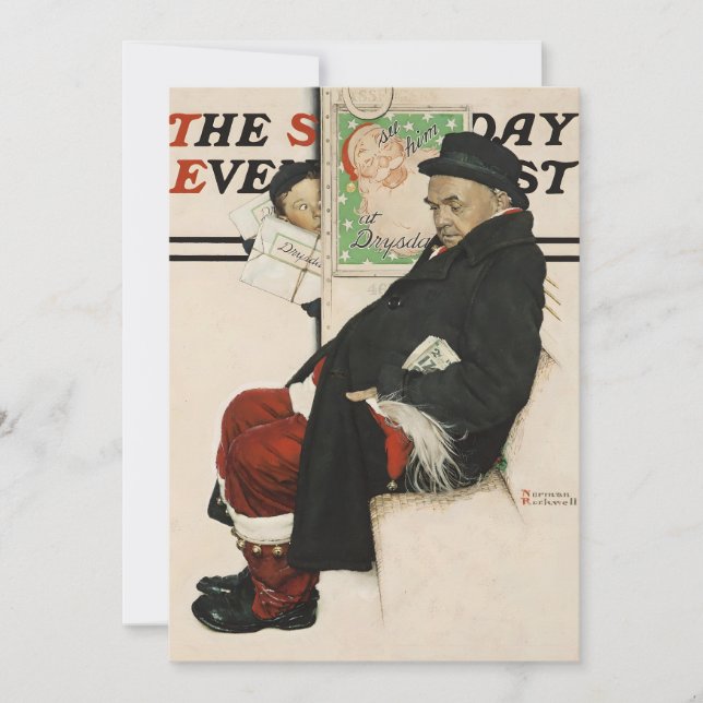 Tarjeta Festiva Nuevo Santa En Un Tren Norman Rockwell El Sábado (Anverso)
