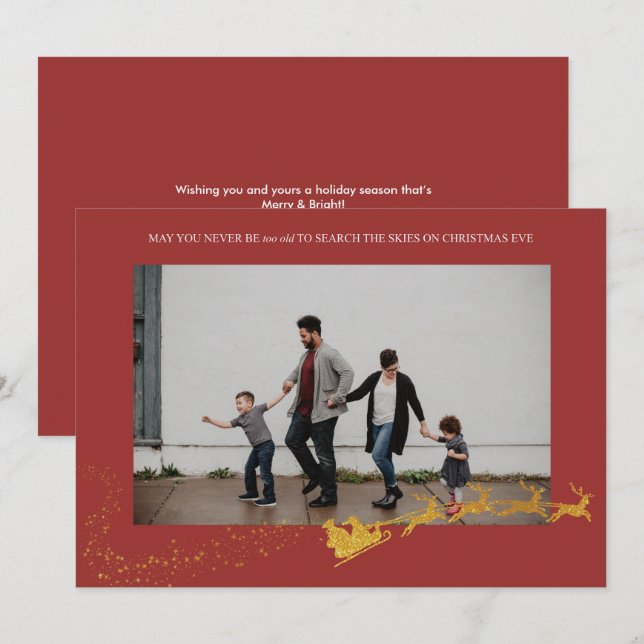 Tarjeta Festiva Nunca demasiado viejo rojo falso oro brillo foto (Anverso / Reverso)