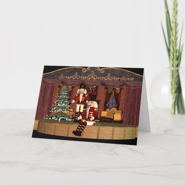 Tarjeta Festiva Nutcracker en el escenario con árbol de vacaciones (Anverso)