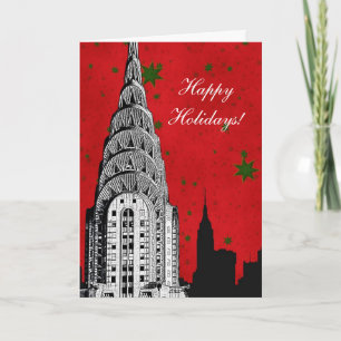 Tarjeta Festiva NYC Skyline Etched Chrysler Bldg Navidades vacacio