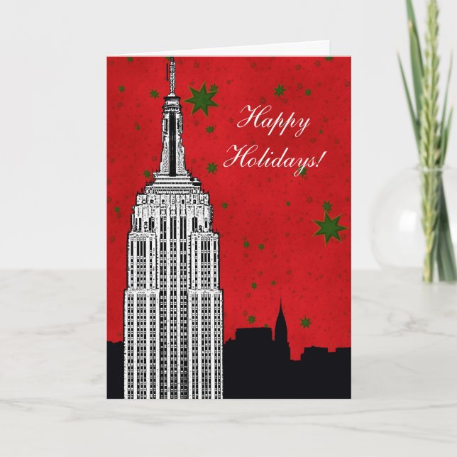 Tarjeta Festiva NYC Skyline Etched ESB 2 vacaciones para Navidades (Anverso)