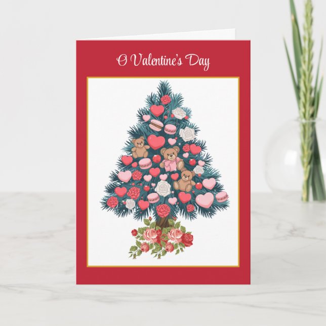 Tarjeta Festiva O Árbol El día de San Valentín" con letras caprich (Anverso)