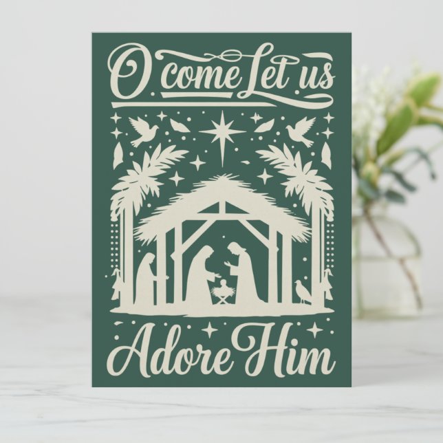 Tarjeta Festiva O Come Let Us Adore Him Nativity Scene Christian  (Anverso de pie)