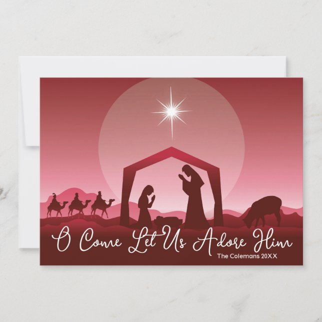 Tarjeta Festiva O Come Let Us Adore Him Nativity Scene Christmas (Anverso)