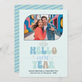 Tarjeta Festiva Ocean Mist Hello New Year Blue Retro Photo