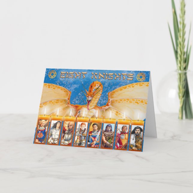 Tarjeta Festiva Ocho Caballeros de Hanukkah (Anverso)