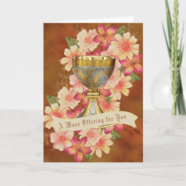 Tarjeta Festiva Oferta de misa católica de cáliz de oro floral de  (Anverso)