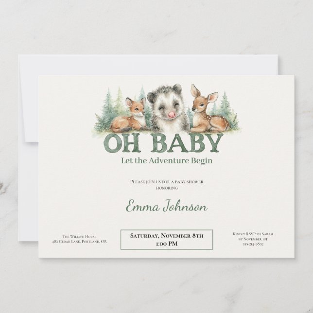 Tarjeta Festiva Oh Baby Woodland Baby Shower Invitation • Opossum  (Anverso)