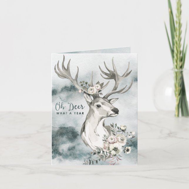 Tarjeta Festiva Oh ciervo, qué año | Deer acuarela con flores (Anverso)