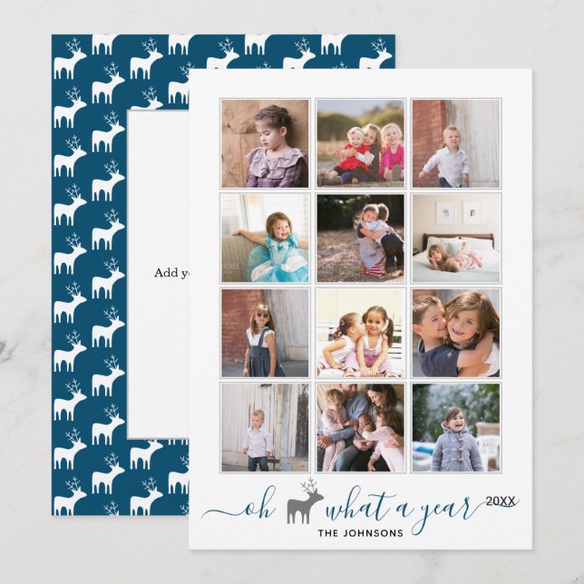 Tarjeta Festiva Oh ciervo qué año en revisión collage de fotos azu (Anverso / Reverso)