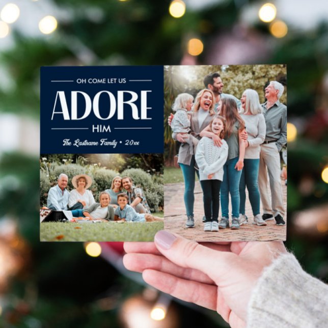 Tarjeta Festiva Oh Come Déjennos Adorarle a él NAVY Christian 2 Fo (NAVY BLUE TWO FAMILY PHOTO WITH LASTNAME AND YEAR TEMPLATE CHRISTMAS GREETING CARDS LET US ADORE HIM)