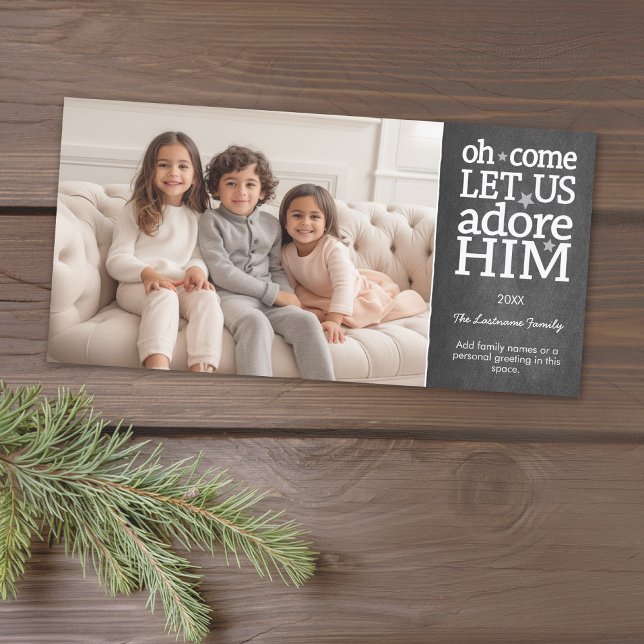Tarjeta Festiva Oh Come Let Us Adore Him - Foto De Navidades (Add 1 photo to this classic photo card that can be printed or sent out to friends and family.)