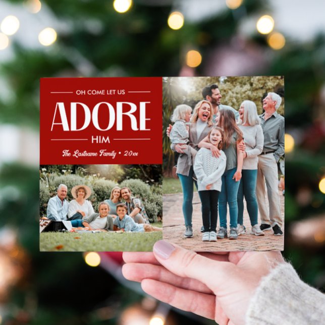 Tarjeta Festiva Oh Come Let Us Adore Him RED Christian 2 Photo (CLASSIC RED OH COME LET US ADORE HIM RELIGIOUS CHRISTMAS CARD WITH PHOTO TEMPLATE)