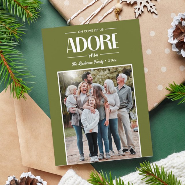 Tarjeta Festiva Oh Come Let Us Adore Him SAGE Foto Cristiana (SAGE GREEN FAMILY KEEPSAKE PHOTO GREETING CARDS RELIGIOUS CHRISTMAS HOLIDAY)