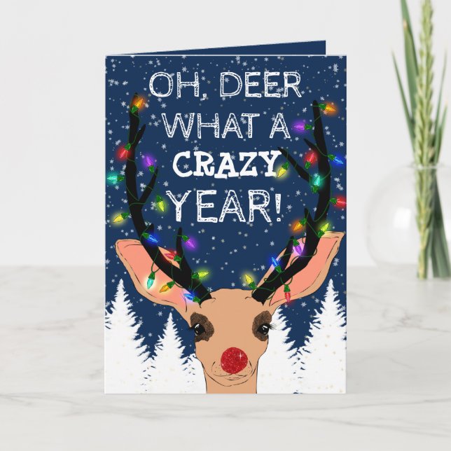 Tarjeta Festiva Oh Deer Crazy Year Reindes ilumina a Navidades (Anverso)