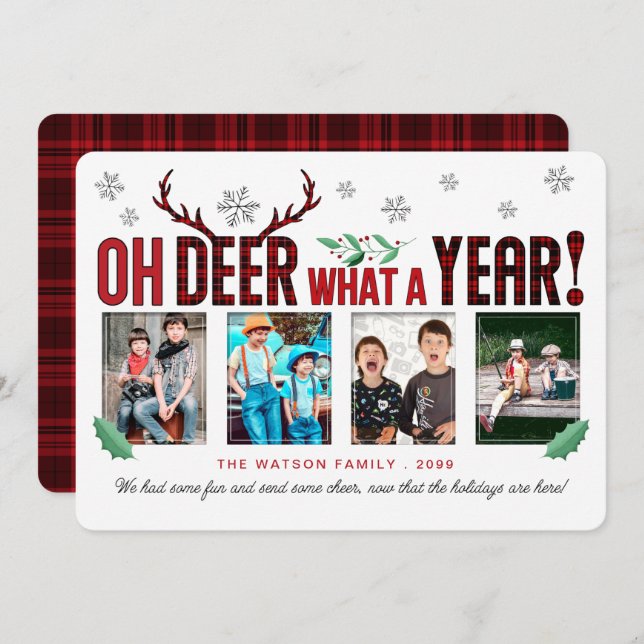 Tarjeta Festiva Oh DEER Qué año de diversión Navidades Tartán 4 Fo (Anverso / Reverso)