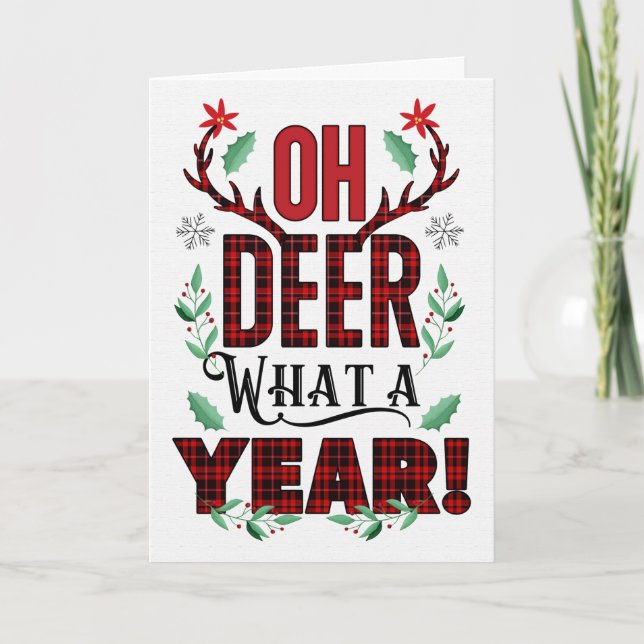 Tarjeta Festiva Oh DEER Qué Año Navidades Tipografía Tartán (Anverso)