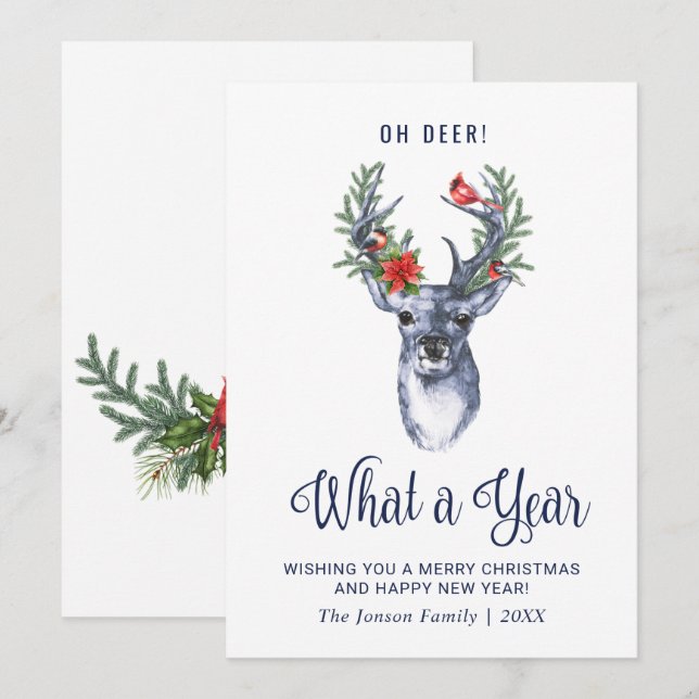 Tarjeta Festiva Oh Deer What a Year Merry Christmas Greeting (Anverso / Reverso)