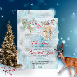 Tarjeta Festiva Oh Deer Woodland Animals Winter Peace and Love<br><div class="desc">"¡Oh ciervo,  las vacaciones están aquí!" animales de bosque — cebada y pájaros con una rama de árbol verde y bayas rojas entre la nevada — diseño de "Paz y Amor".</div>