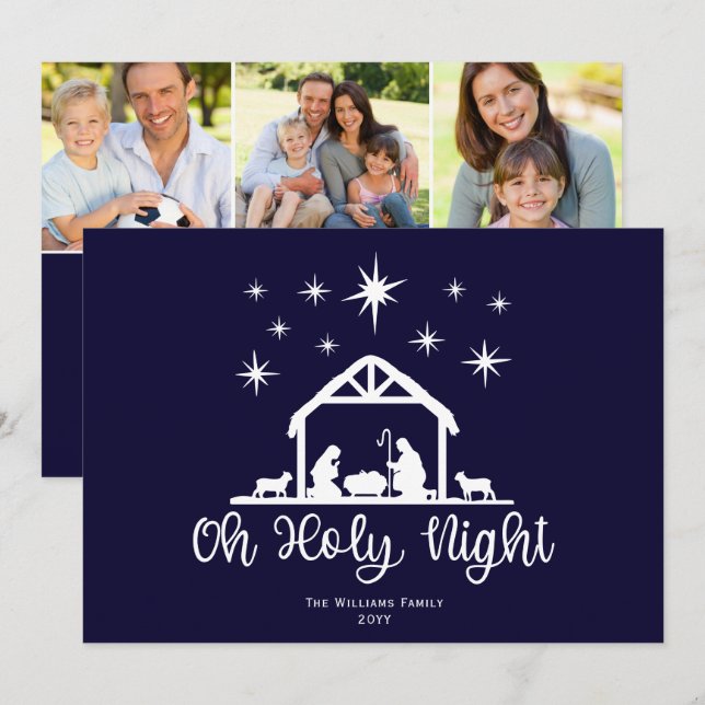 Tarjeta Festiva Oh Holy Night Script Typography Natividad 3 Foto (Anverso / Reverso)