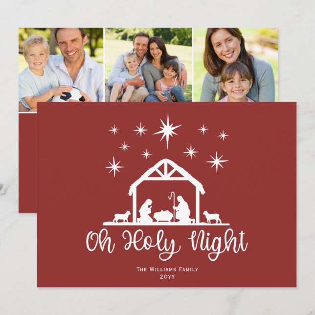 Tarjeta Festiva Oh Holy Night Script Typography Natividad 3 Foto (Anverso / Reverso)