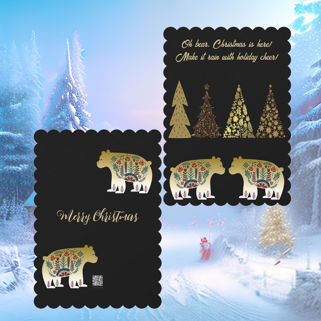 Tarjeta Festiva Oh Navidades del oso está aquí Golden Pines Black  (Oh Bear Christmas is Here Golden Pines Black Cute Holiday Card)