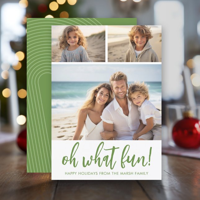 Tarjeta Festiva Oh Qué Diversión - 3 Foto - Zen Arch Blanco Verde (Modern Christmas Photo Greeting Card)