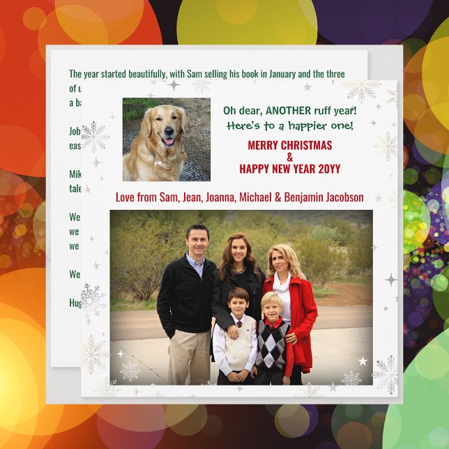 Tarjeta Festiva Oh querido año de la ruina Divertida Mascota Foto  (Funny Cute Pet Dog Oh Dear Another Ruff Year Merry Christmas Happy New Year 2 Photos Letter Modern)