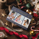 Tarjeta Festiva Oh Santa Noche Religiosa Tres Familia Fotográfica<br><div class="desc">Una hermosa tarjeta de vacaciones de tres Navidades fotográficos de tu familia con un diseño azul marino y dorado "Oh Holy Night". Personalizar con tres de tus fotos favoritas del año, tu saludo y apellido. Esta tarjeta de Navidad se revierte a un diseño de cielo estrellado azul en la parte...</div>