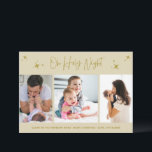 Tarjeta Festiva Oh Santa Noche Religiosa Tres Familia Fotográfica<br><div class="desc">Una hermosa tarjeta de vacaciones de tres Navidades de fotos de tu familia en un diseño de marfil y oro de "Oh Holy Night". Personalizar con tres de tus fotos favoritas del año, tu saludo y apellido. Esta carta de Navidades se revierte a un marfil de coordinación en la parte...</div>