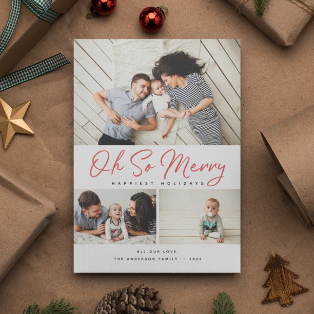 Tarjeta Festiva Oh So Merry Red Script Collage 3 Photo Navidades (Subido por el creador)
