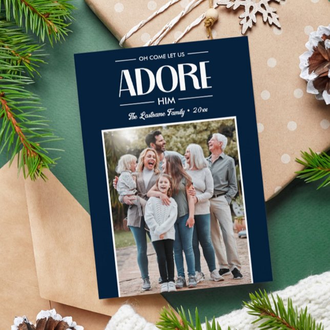 Tarjeta Festiva Oh, Ven, déjanos Adorarle. Foto cristiana de NAVY (NAVY VERTICAL FAMILY PHOTO CHRISTIAN CHRISTMAS RELIGIOUS GREETING CARDS)