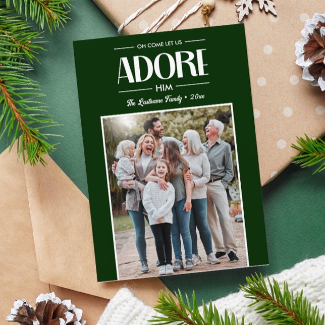 Tarjeta Festiva Oh, Ven, déjanos Adorarle una foto cristiana VERDE (RELIGIOUS TEMPLATE PHOTO CARD WITH PORTRAIT FAMILY PHOTO AND CHRISTIAN CHRISTMAS MESSAGE)