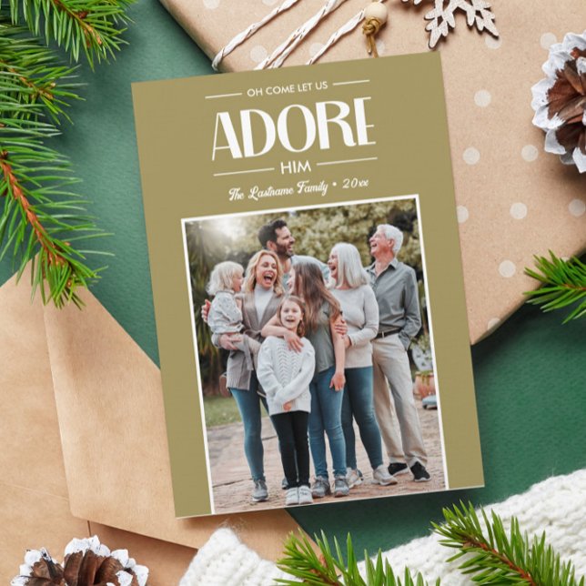 Tarjeta Festiva Oh, Ven, déjanos Adorarlo, TAN Foto Cristiana (oh come let us adore him photo vertical religious photo family card)