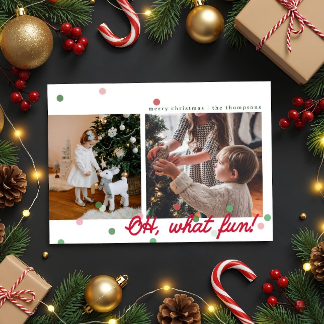 Tarjeta Festiva Oh, What Fun Confetti Dots- Flat Holiday Card ("Oh what fun!" minimalist & whimsical holiday card with confetti dots. By Clearytangled Studio.)