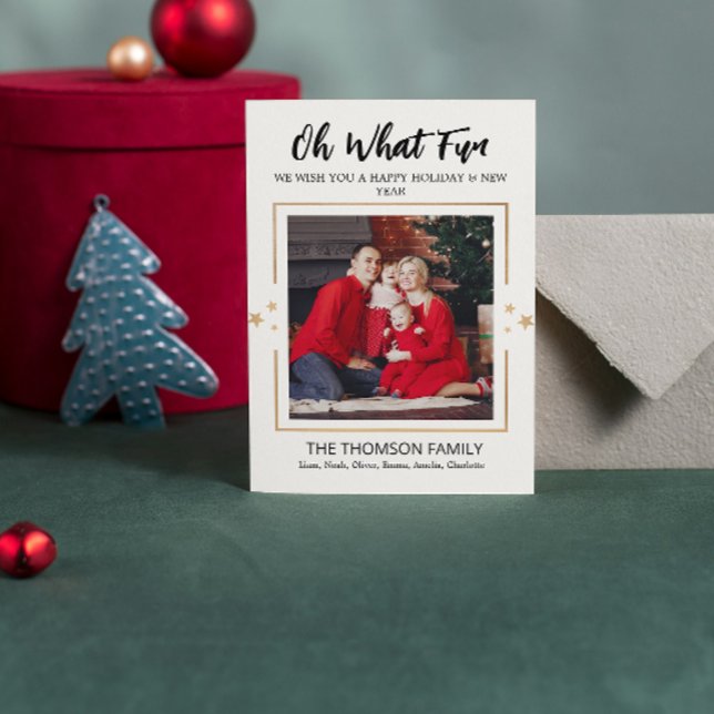 Tarjeta Festiva Oh What Fun Modern Christmas (oh what fun christmas cards typography script modern holiday simple trendy humor gold stars photo )