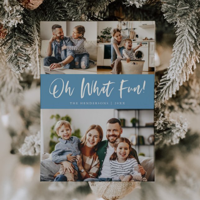 Tarjeta Festiva Oh What Fun Script Christmas Photo Denim Blue (Subido por el creador)