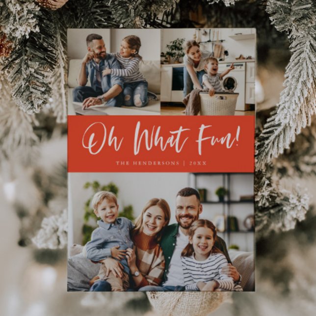 Tarjeta Festiva Oh What Fun Script Christmas Photo Red (Subido por el creador)