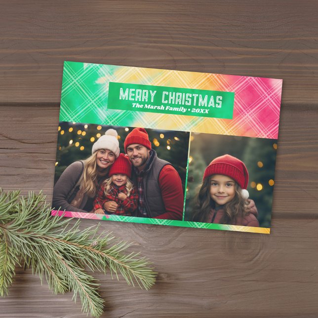 Tarjeta Festiva Ojo de tinte de aguijón atrapando el verde rojo 2  (Tie Dye Christmas Card with 1 Photo - Download Option Available)