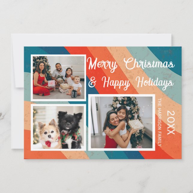 Tarjeta Festiva Ola Retro Psicodélica Tres Navidades de fotos (Anverso)