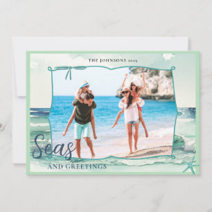 Tarjeta Festiva Olas de océano en acuarela Mar y saludos foto