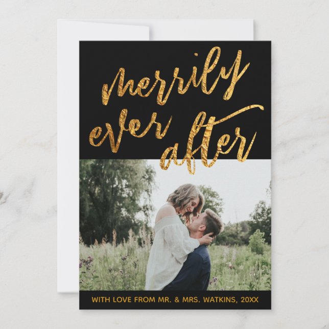 Tarjeta Festiva Olas de oro en negro alegremente después de la fot (Anverso)