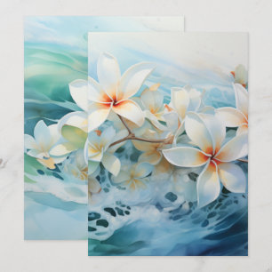 Tarjeta Festiva Olas del océano flotante de Plumerias Hawiian Blan